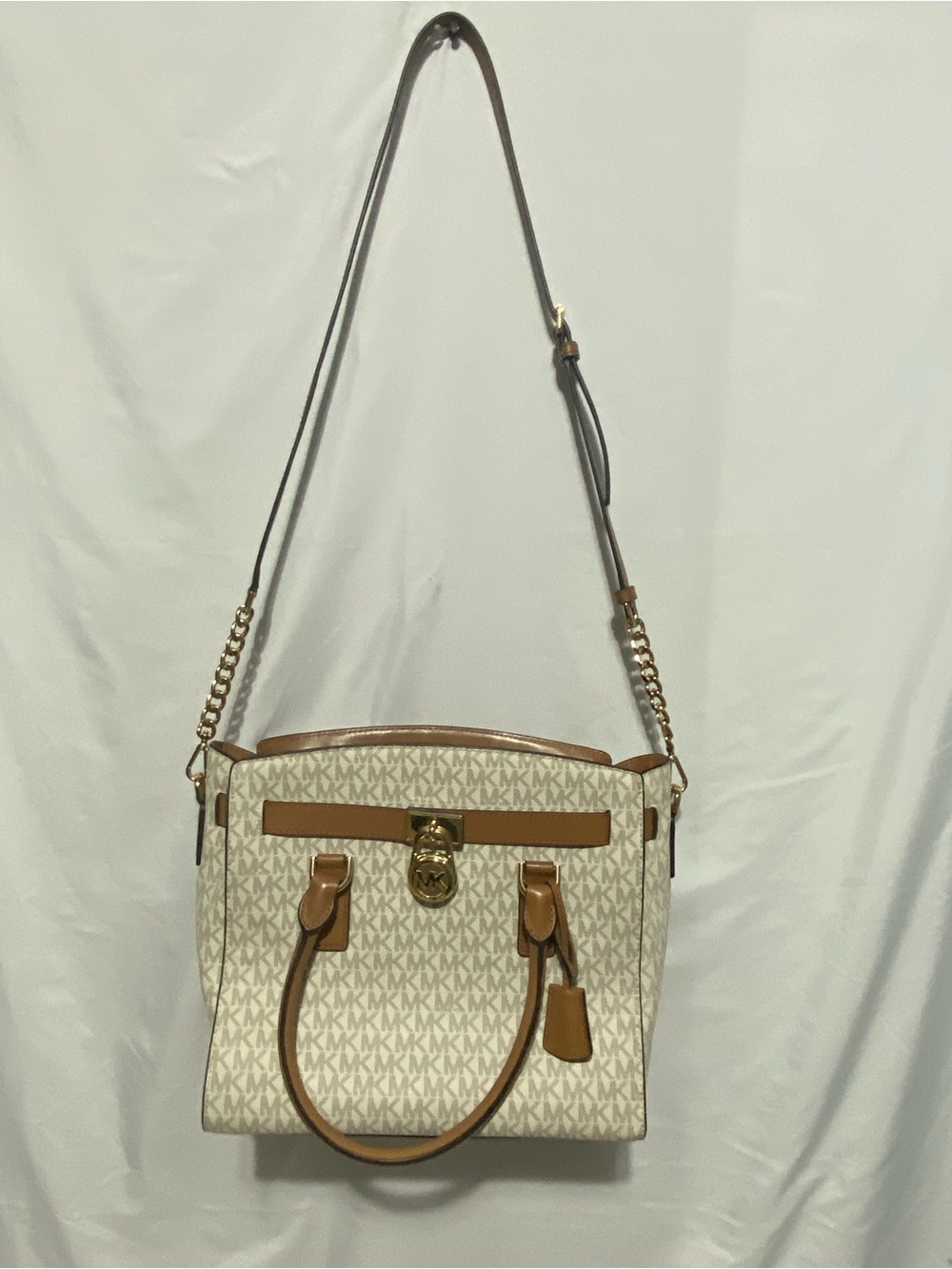 Michael Kors Cream Logo Shoulder Tote with Caramel Trim and Gold Hardware
